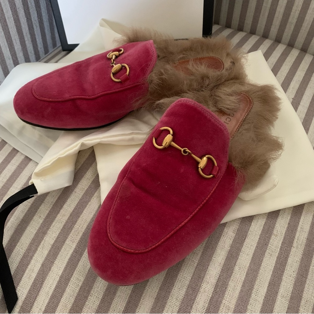 Gucci Princetown Pink Velvet Fur Lined Horsebit Slides Sz 36